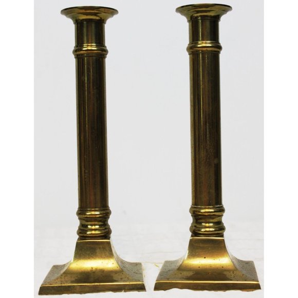 Vtg Decorative Crafts Tall 8.5'' Brass Taper Candlesticks Holders Square Columns - Picture 4 of 8